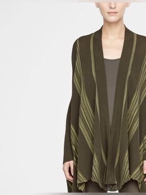 Sarah Pacini Olive Green Draped Open Cardigan with Striped Accents